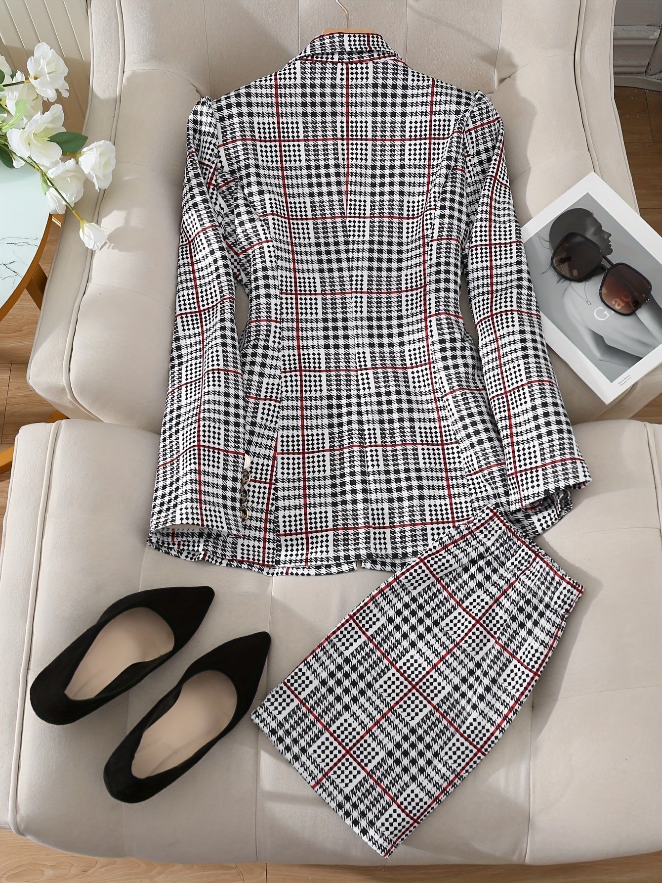 Women's Plus Size Plaid Skirt Suit Set - Elegant Two-Piece Blazer & Skirt