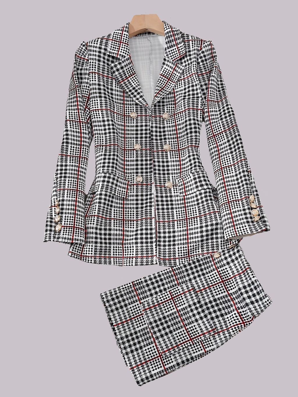 Women's Plus Size Plaid Skirt Suit Set - Elegant Two-Piece Blazer & Skirt