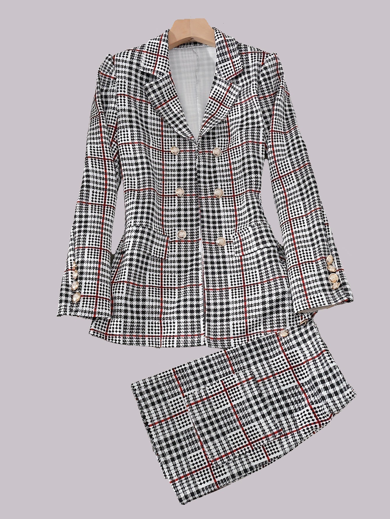 Women's Plus Size Plaid Skirt Suit Set - Elegant Two-Piece Blazer & Skirt