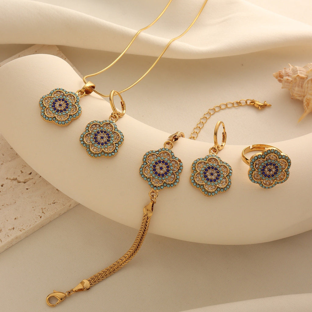 Turkish Evil Eye Flower Jewelry Set with Gold-Tone Enamel Accents