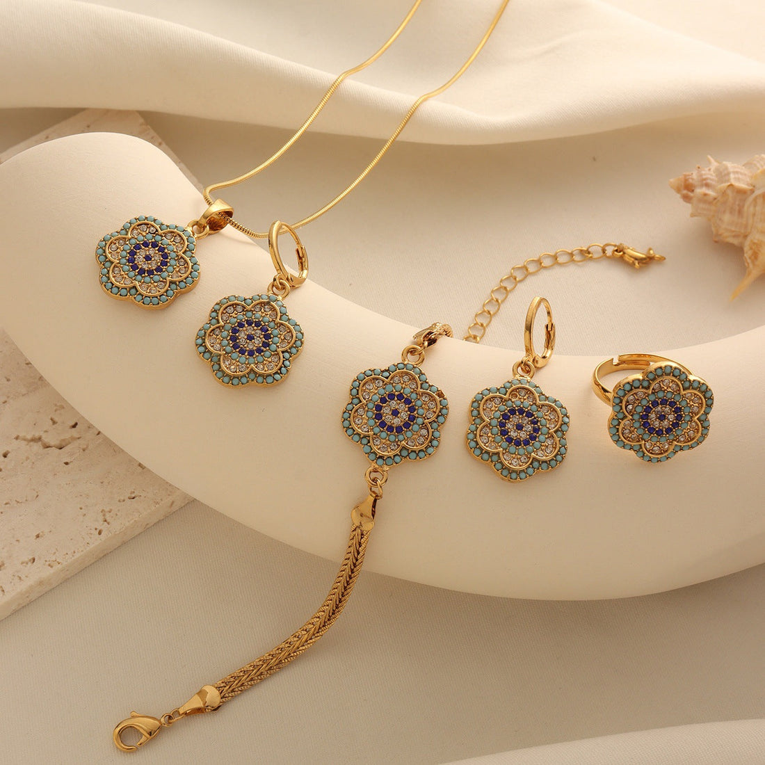 Turkish Evil Eye Flower Jewelry Set with Gold-Tone Enamel Accents