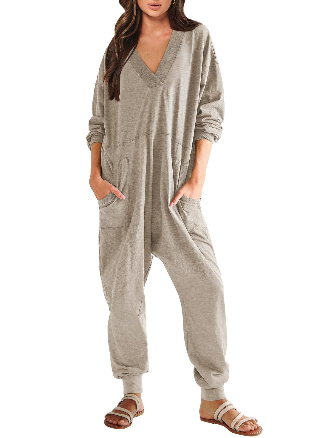 Women’s V-Neck Long Sleeve Solid Color Jumpsuit with Pockets