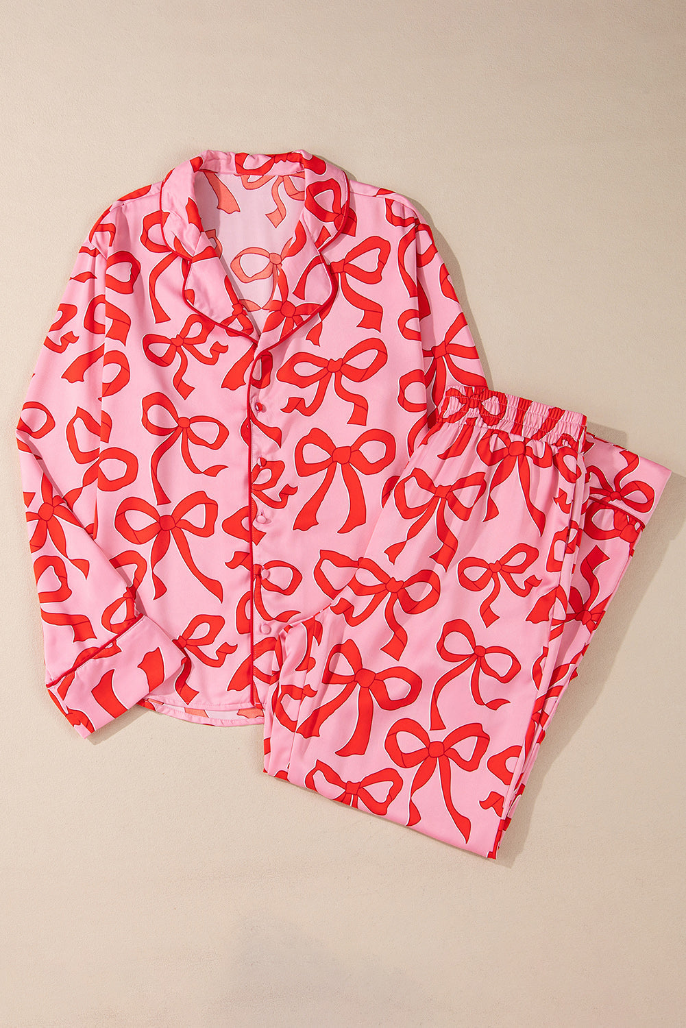 Pink Bow Print Shirt Style Long Sleeve 2pc Pajama Set