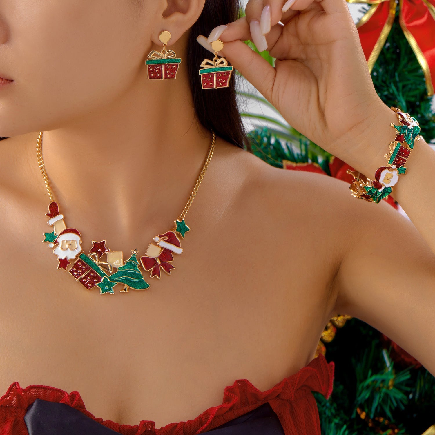 European And American Cross-Border Christmas Gifts Christmas Necklace Bracelet Earrings Set Female Cute Cartoon Bracelet Holiday Jewelry