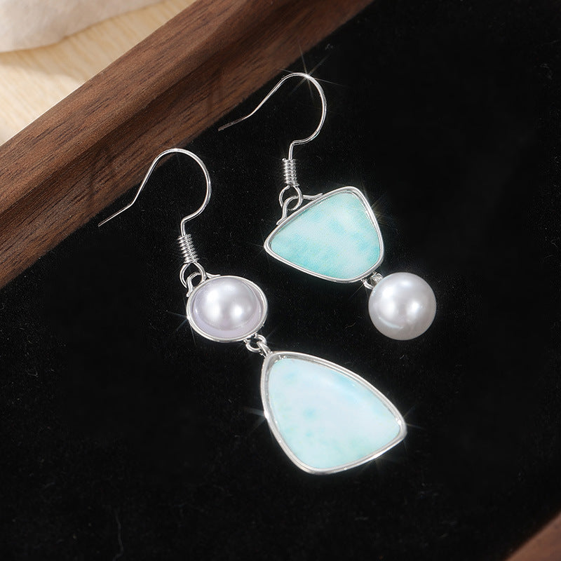 Elegant Asymmetric Pearl Blue Stone Drop Earrings Silver Tone Brass Women Daily Fashion Jewelry Gift
