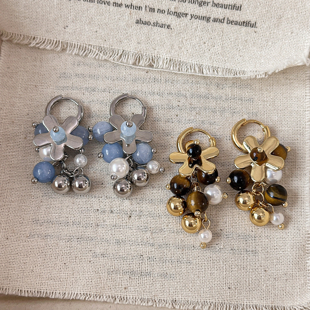Elegant And Fashionable Tigers Eye Stone Earrings Flower-shaped Ear Clips