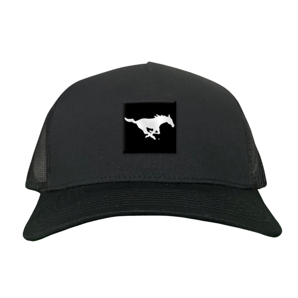 A selection of SMU Black Label Pony Logo hats including mesh trucker and dad hat styles.