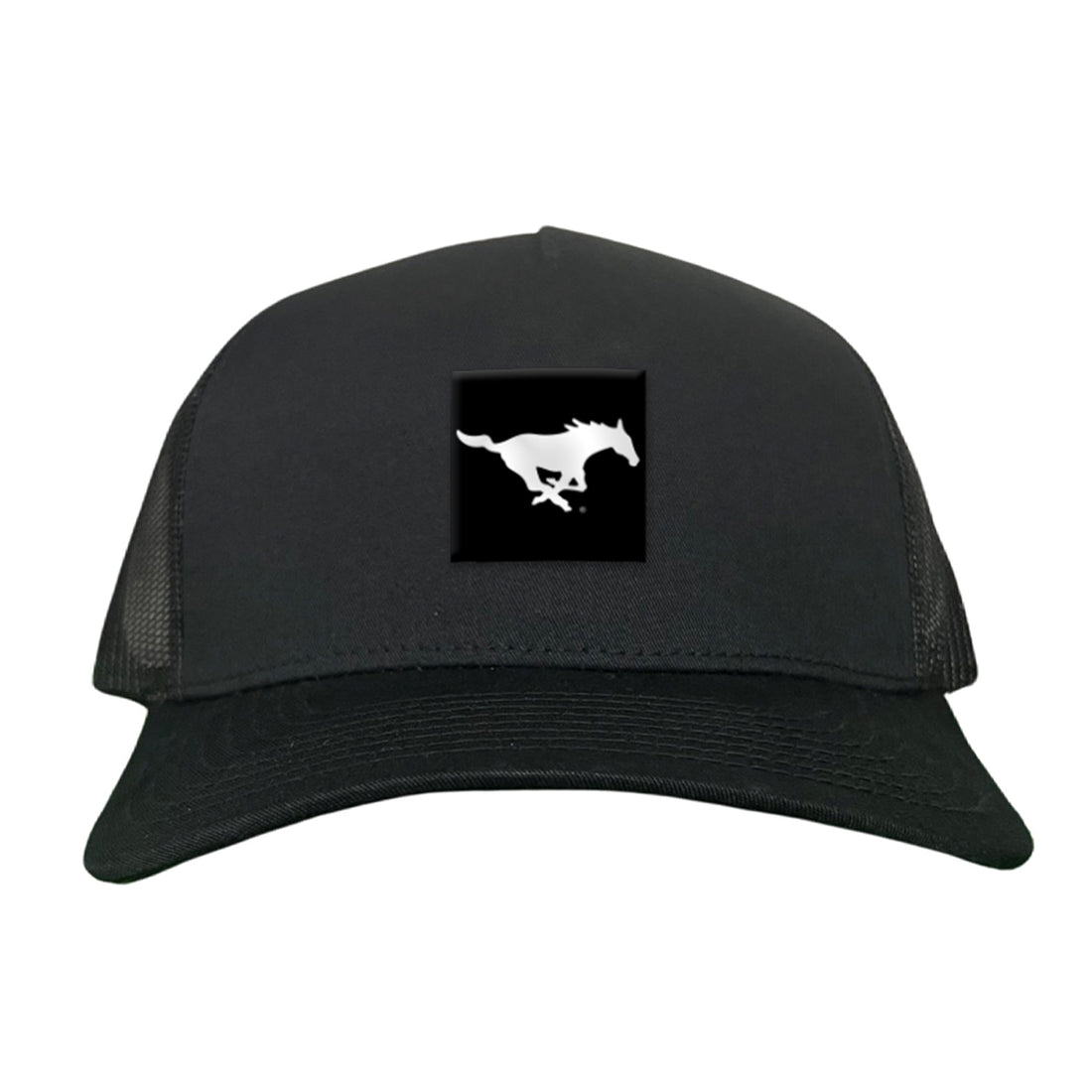 A selection of SMU Black Label Pony Logo hats including mesh trucker and dad hat styles.