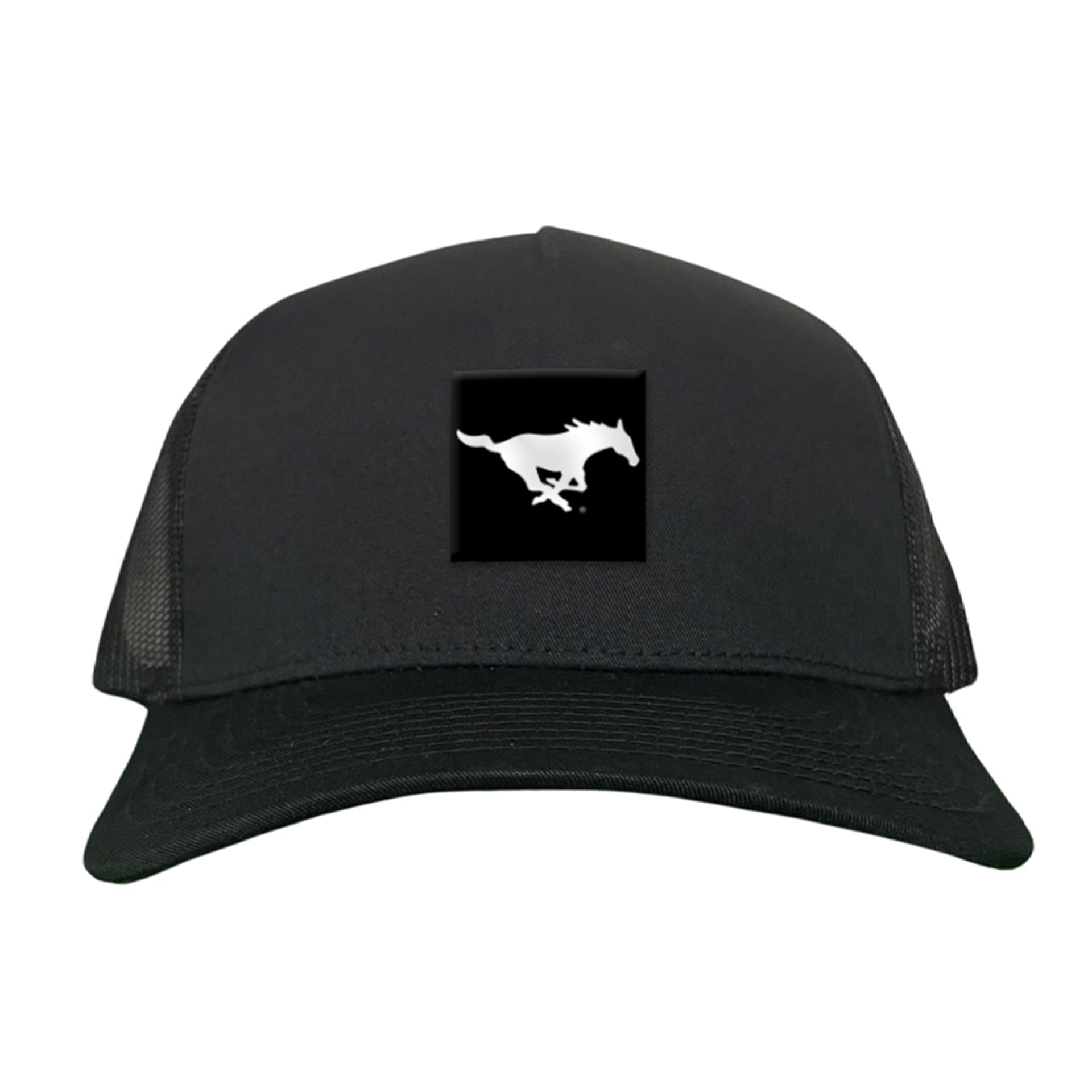 A selection of SMU Black Label Pony Logo hats including mesh trucker and dad hat styles.