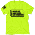 Working Hard graphic t-shirt in neon green or neon orange with a checklist design.