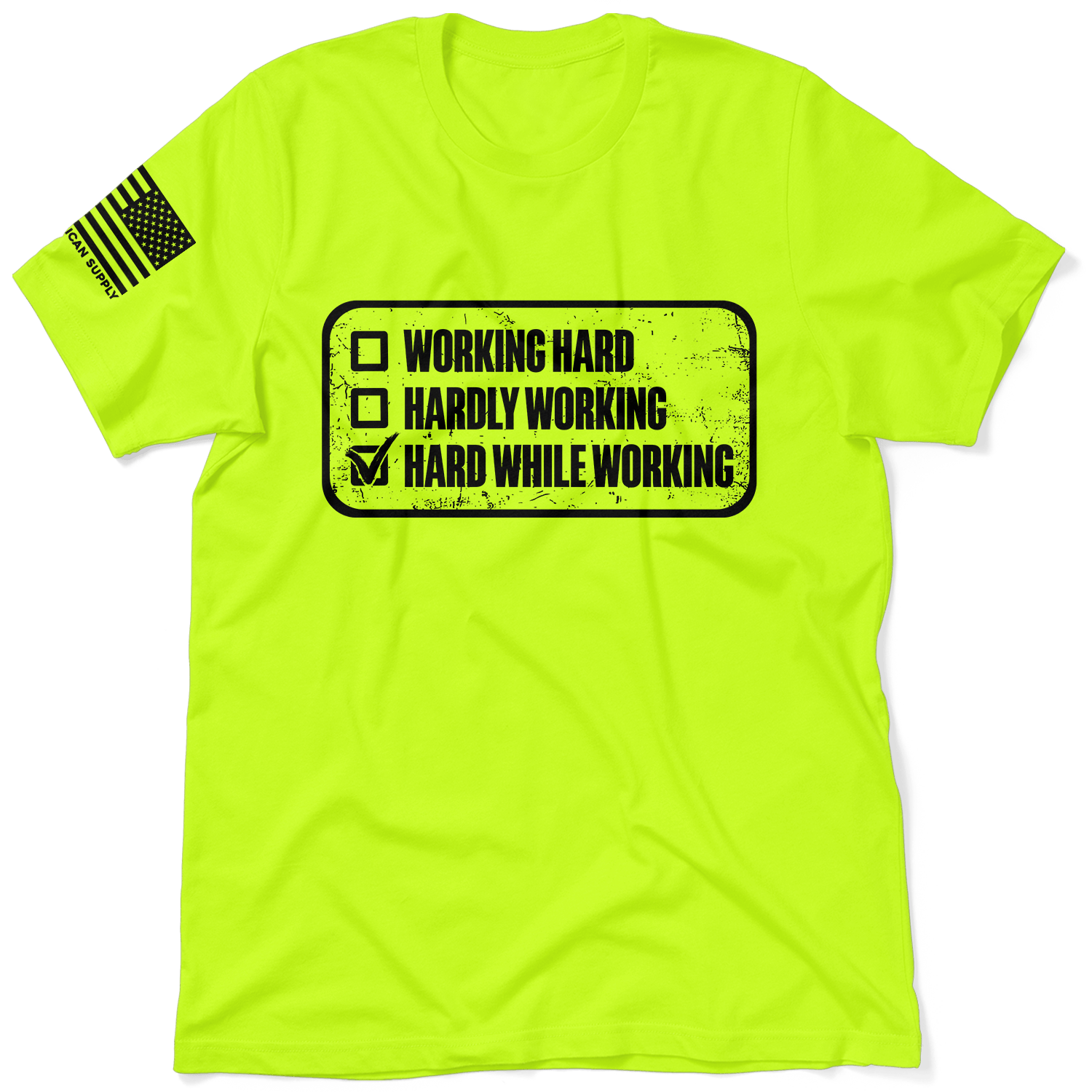 Working Hard graphic t-shirt in neon green or neon orange with a checklist design.