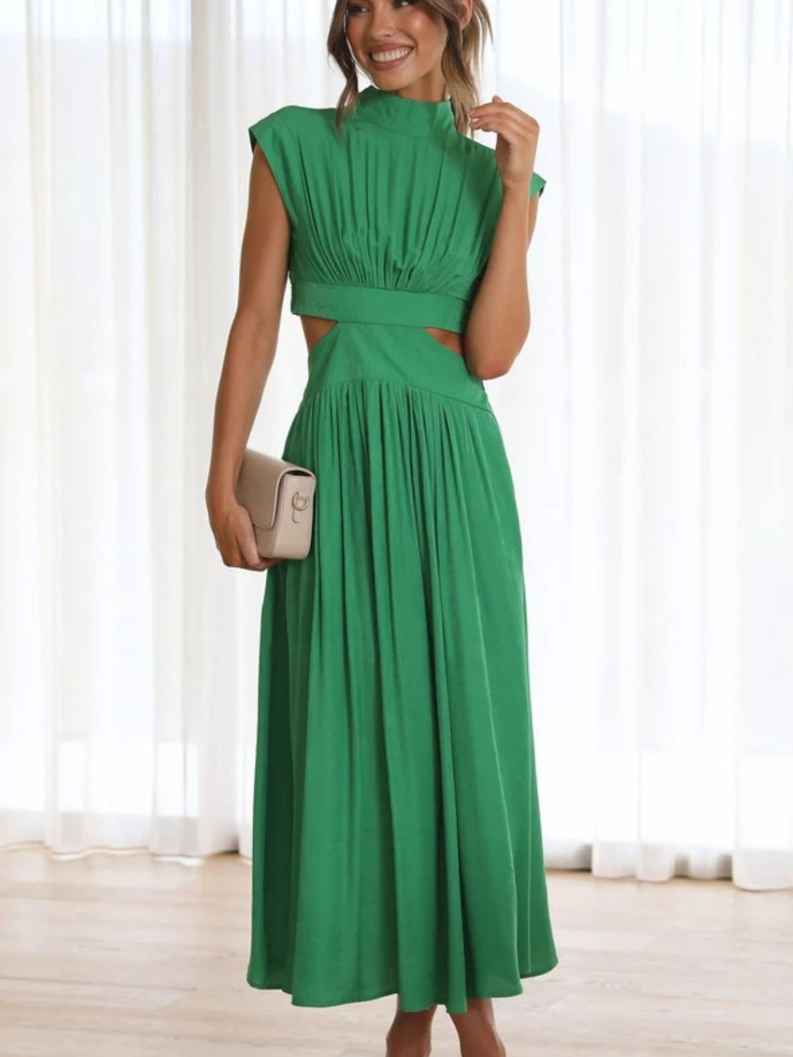 Modern Cutout Mock Neck Sleeveless Ruched Mini Dress