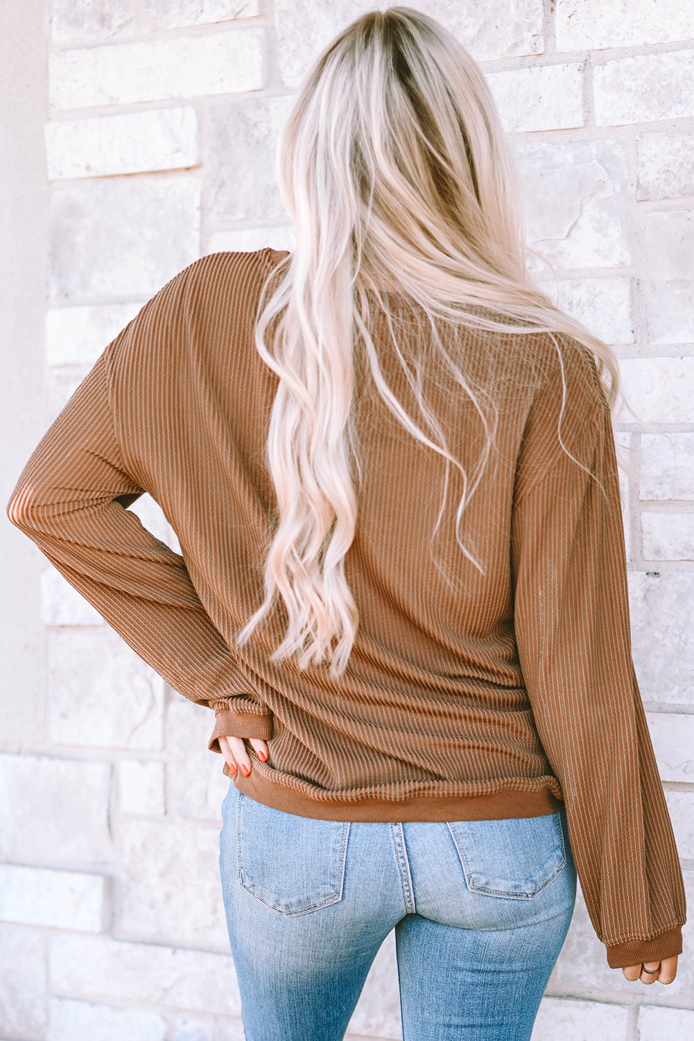 You Are Loved Ribbed Corduroy Long Sleeve Sweatshirt Brown - Image 2