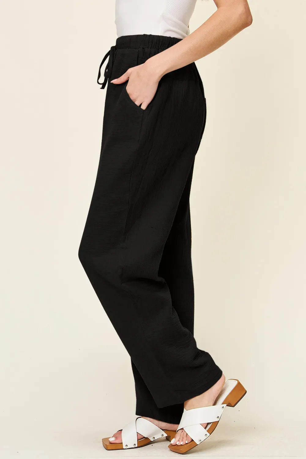 Texture Drawstring Straight Pants Cotton Comfort