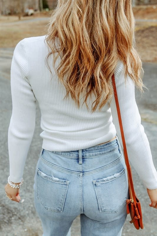 Cable Crossed V Neck Sweater in White - Cozy Knit Pullover