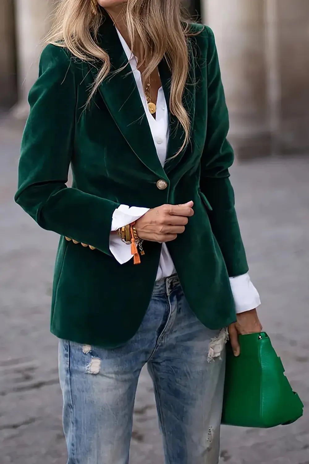 Women's Navy Blue Velvet Lapel Collar Single Button Blazer - Image 4