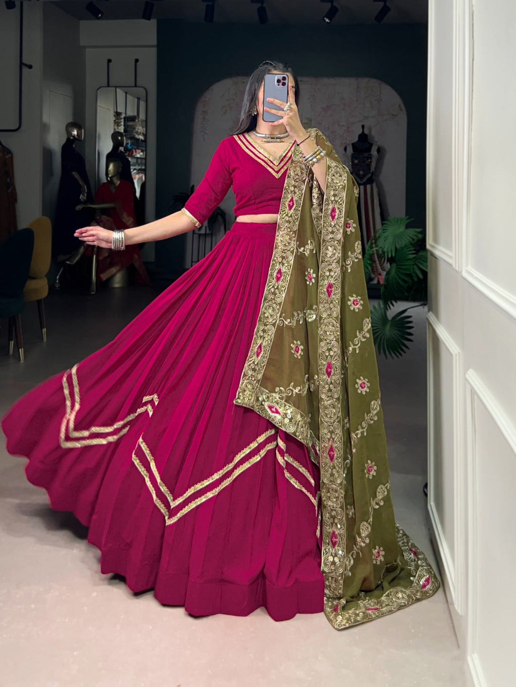 Ranipink pure rayon lehenga choli with lace detailing and matching dupatta for festive wear.