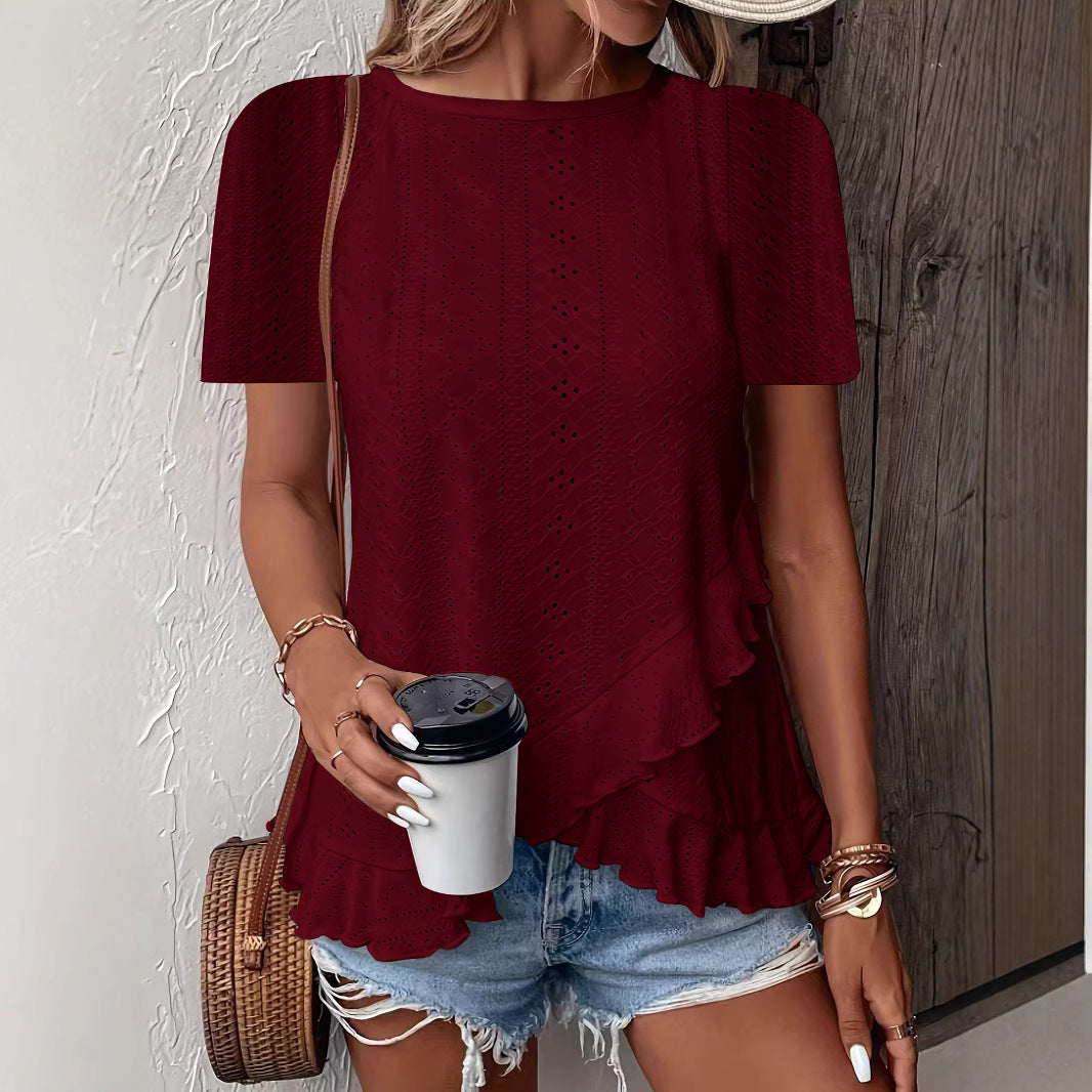 Women’s Casual Short Sleeve Crew Neck Ruffle Hem Top