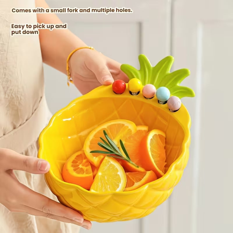 Pineapple-Shaped Ceramic Fruit Bowl with Stainless Steel Fork Set