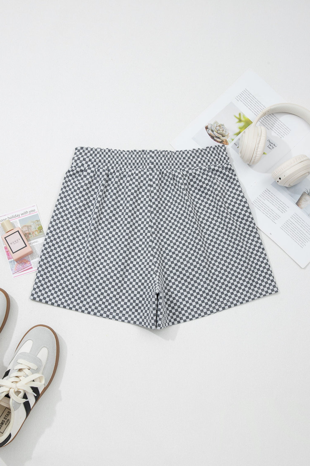 Checkerboard Drawstring Shorts with Pockets