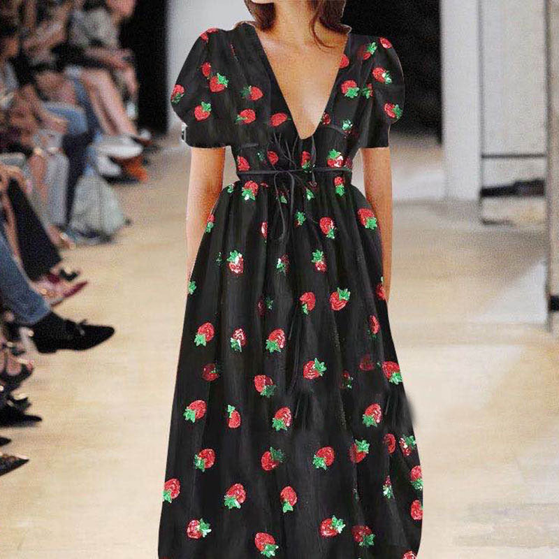 Dress French Strawberry Two Color V neck Fashionable Sequined Dress Mesh Lace up Pleated Dress
