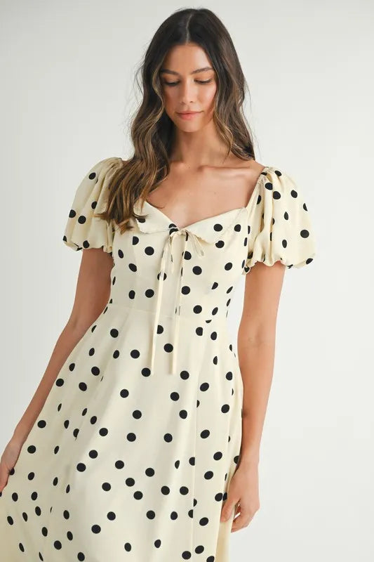 Vintage Polka Dot Puff Sleeve Midi Dress with Retro Flutter