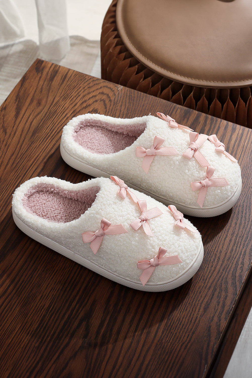 White Ribbed Bow Plush House Slipper | Cozy Indoor Footwear