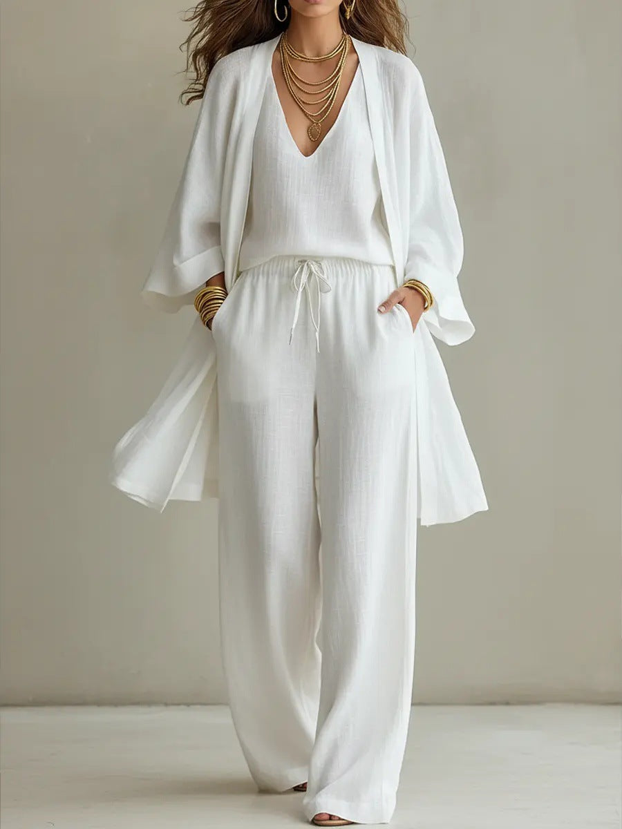 Women's 3-Piece V-Neck Cardigan, Vest and Wide Leg Pant Set - Image 7