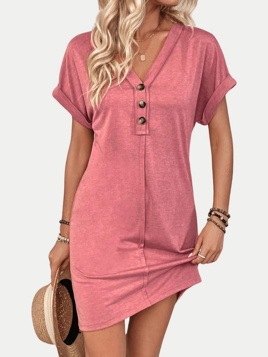 V-Neck Short Sleeve Button-Front Dress for Casual and Office Wear