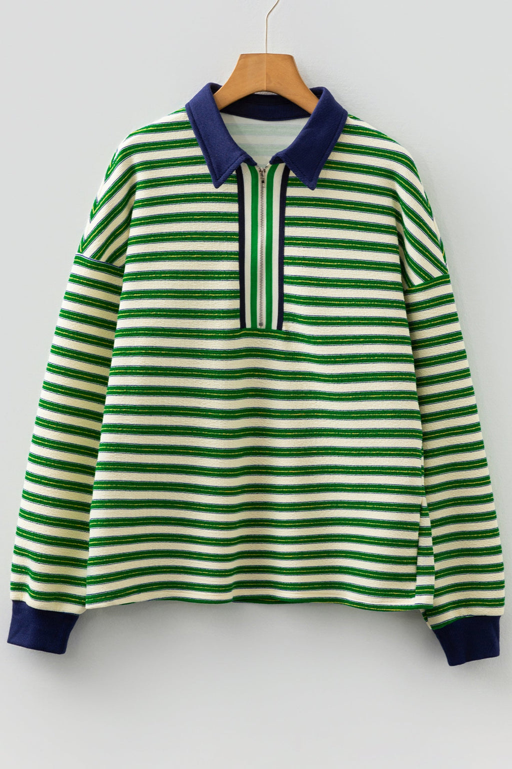 Stripe Contrast Zip Collared V-Neck Long Sleeve Top