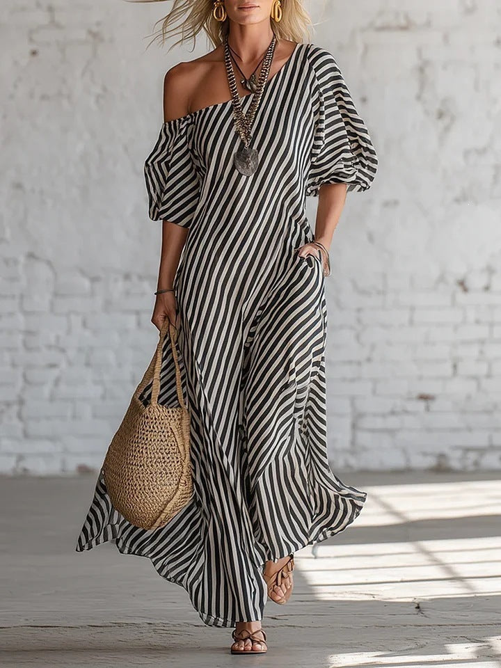 Women's Striped One-Shoulder Midi Dress with Pockets - Image 2