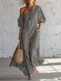 Women's Striped One-Shoulder Midi Dress with Pockets - Image 2