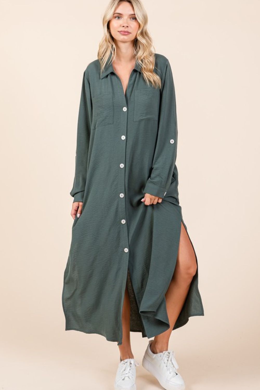 Airflow V-Neck Long Sleeve Button Down Maxi Dress