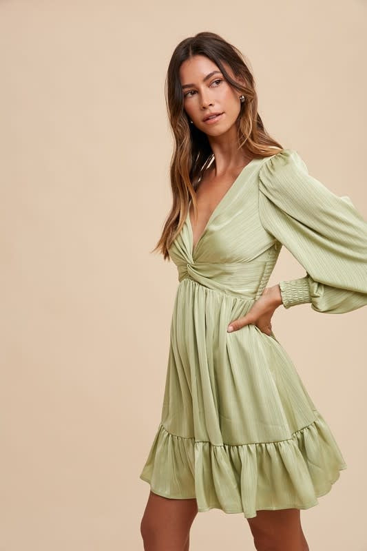 Front Twisted Satin Mini Dress in Pistachio - Long Sleeve A-Line