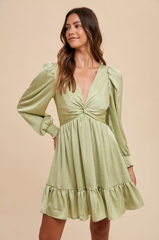 Front Twisted Satin Mini Dress in Pistachio - Long Sleeve A-Line