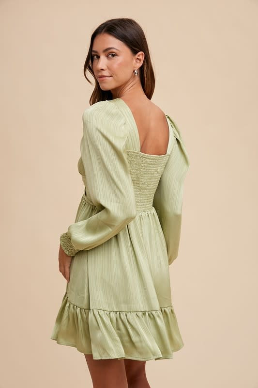 Front Twisted Satin Mini Dress in Pistachio - Long Sleeve A-Line