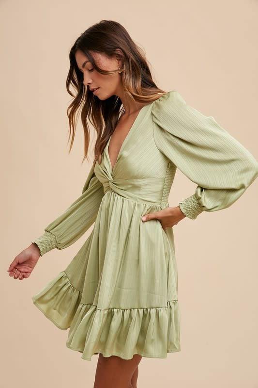 Front Twisted Satin Mini Dress in Pistachio - Long Sleeve A-Line