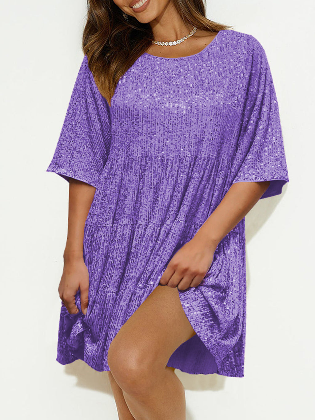 Sequin Round Neck Half Sleeve Mini Dress | Shimmer