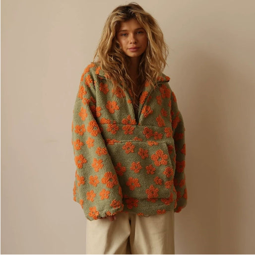 Winter Flowers Fleece Pullover Womens Cozy Zip Up Floral Sweatshirt - Image 7