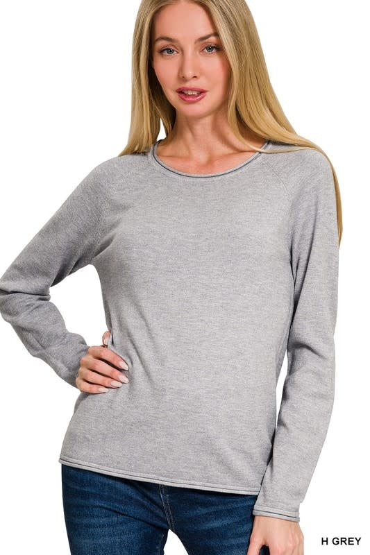 Viscose Round Neck Basic Sweater in H. Grey Knit
