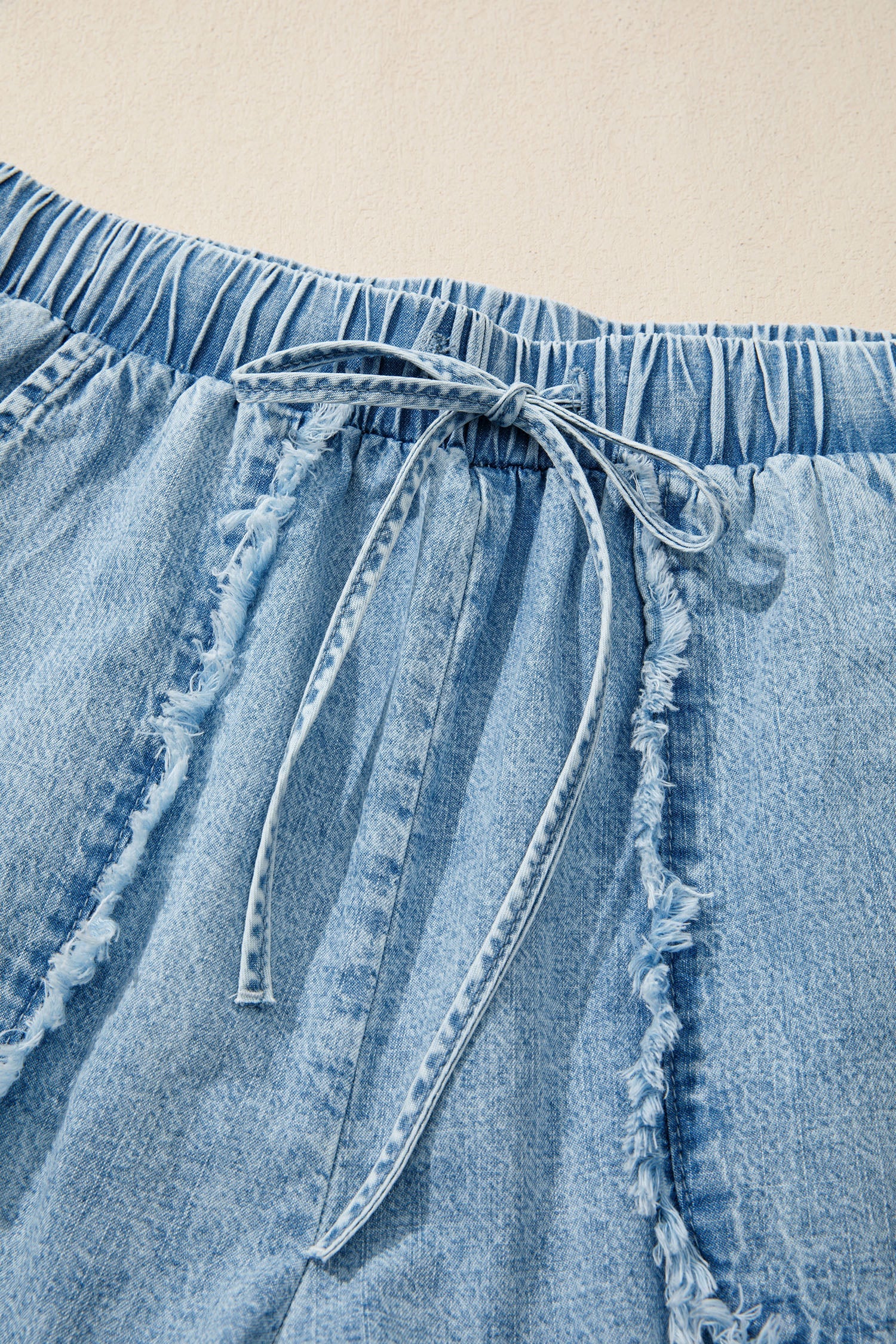 Acid Wash Denim Frayed Edge Drawstring Shorts - Image 4
