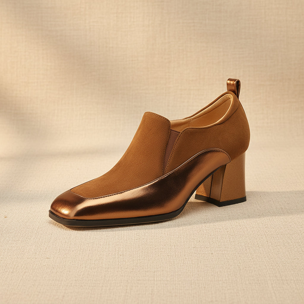 Women's Bronze Cowhide Square Toe Chunky Heel Slip-On Pumps - Image 4