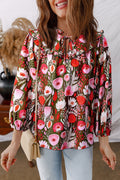 Women's bohemian floral blouse with lace-up neckline and 3/4 sleeves in olive green, bright pink, and white.