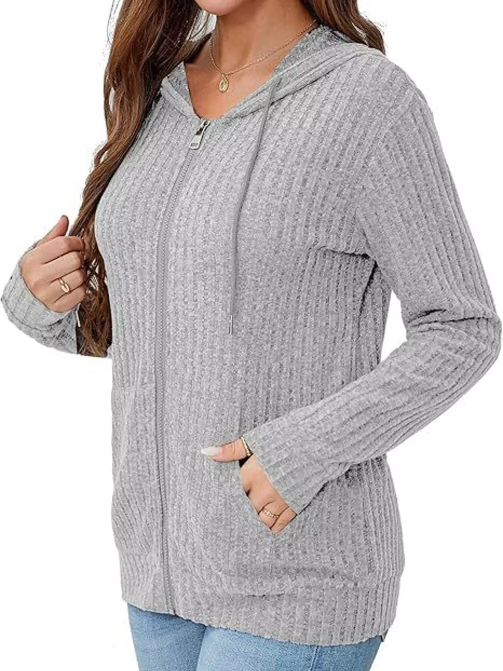 Ribbed Zip Up Hooded Outerwear