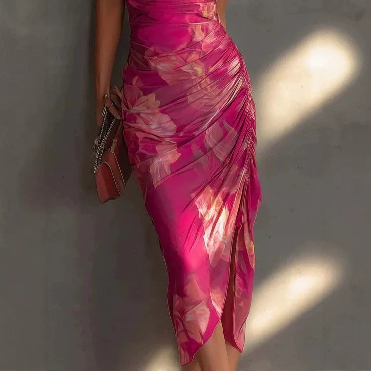 Carmine Red Backless Halter Maxi Dress Satin Floral Slip