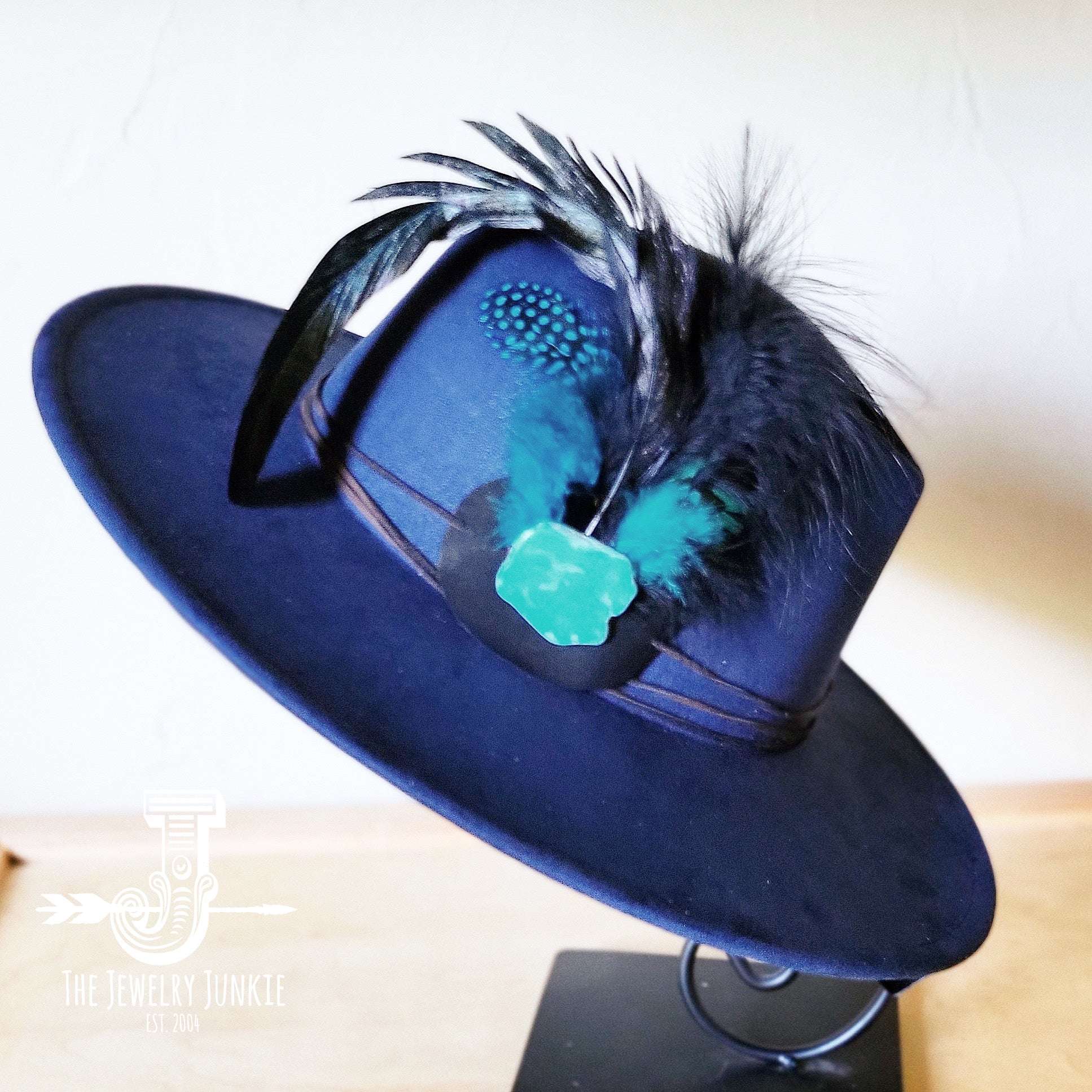 Blue Spotted Feather & Turquoise Slab Hat Band with Felt Hat