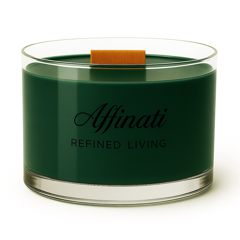 Winter Spruce wooden wick soy blend candle in a dark green glass jar with Affinati branding, set against a festive seasonal background.
