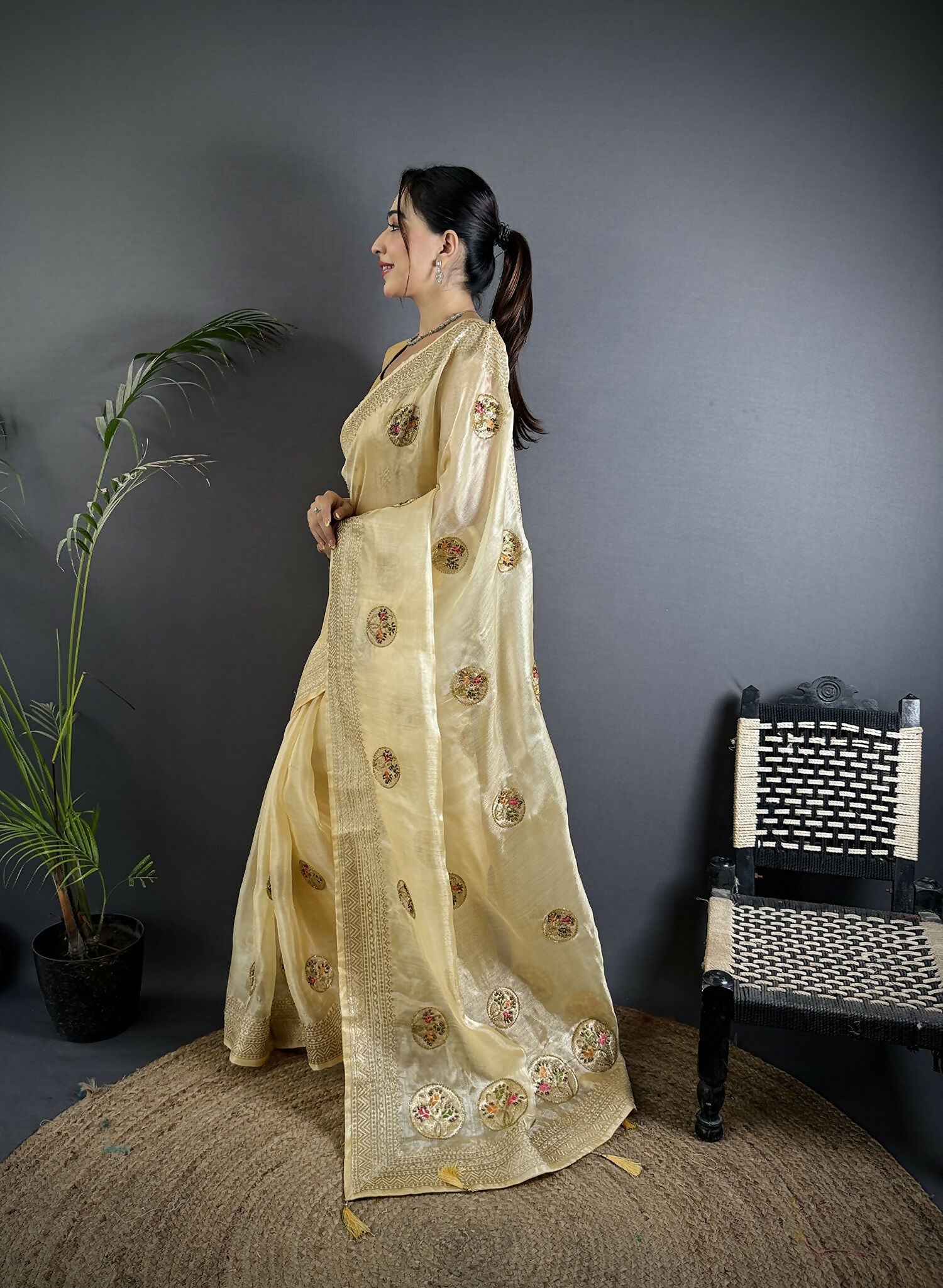Joban Fashion Light Yellow Handloom Banarasi Organza Silk Khatali Butta Work Saree