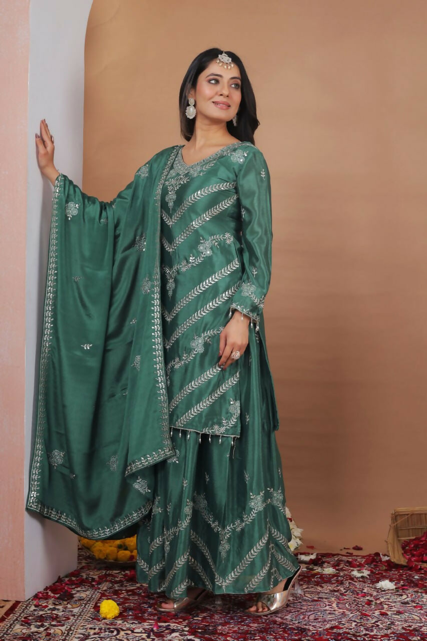 Green Silk Embroidered Sharara Set with Intricate Detailing