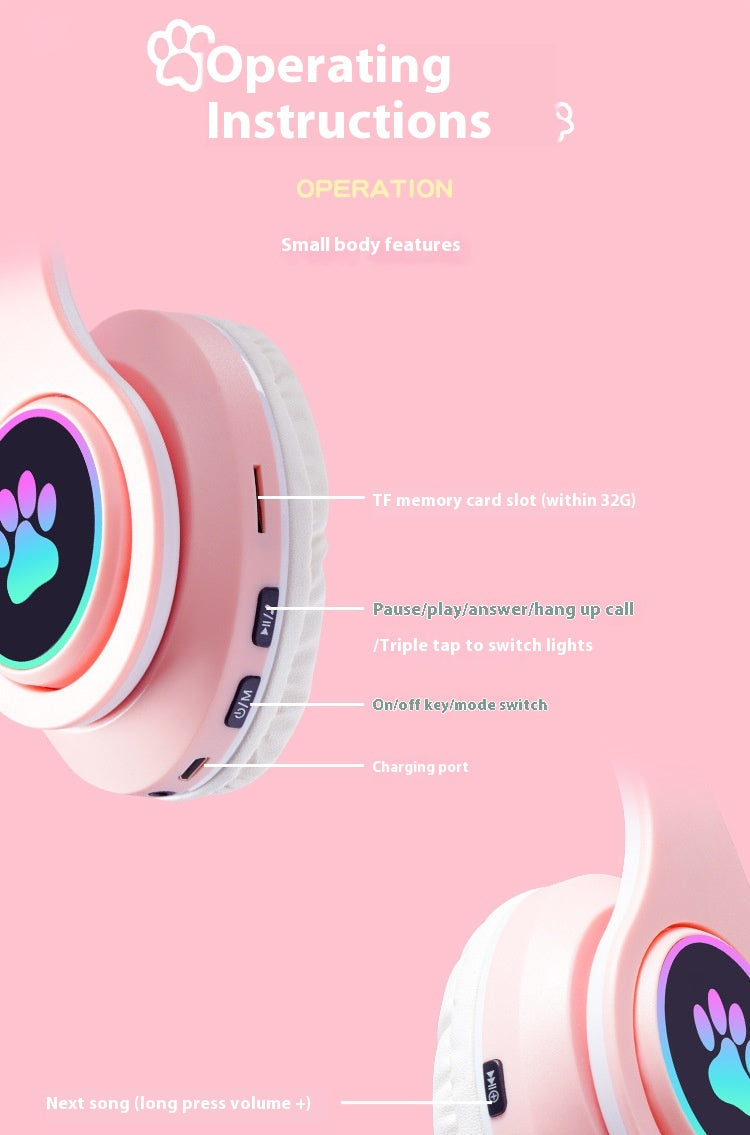 Kids Cat Ear Wireless Bluetooth Headphones with Safe Volume & LED